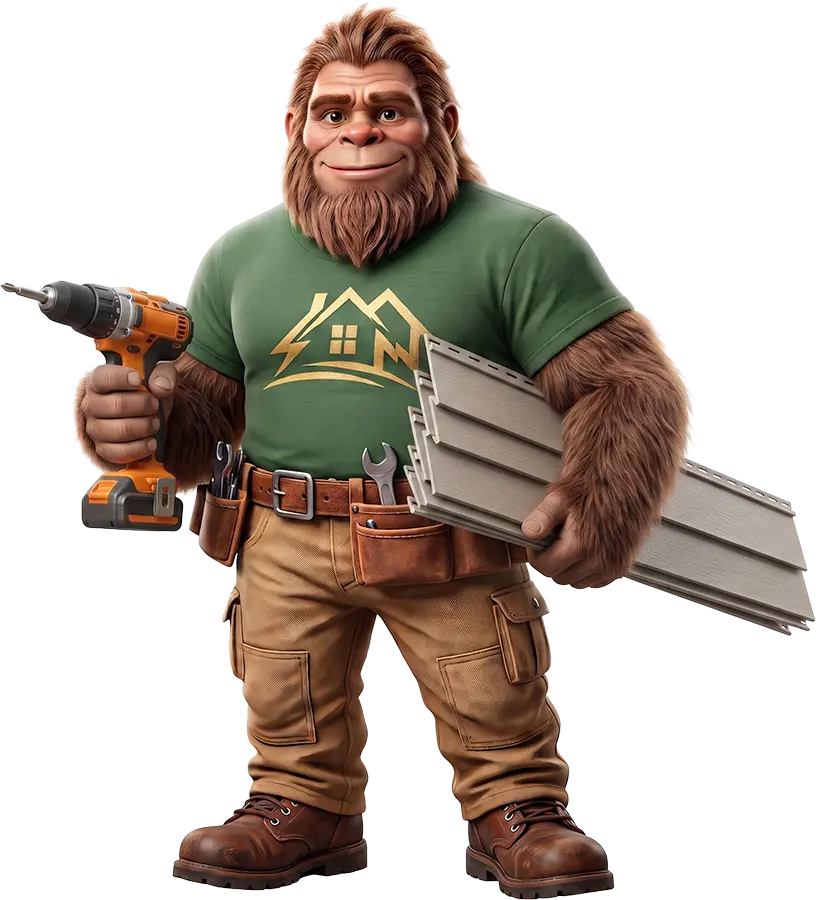 Bigfoot Home Pros mascot installing house siding