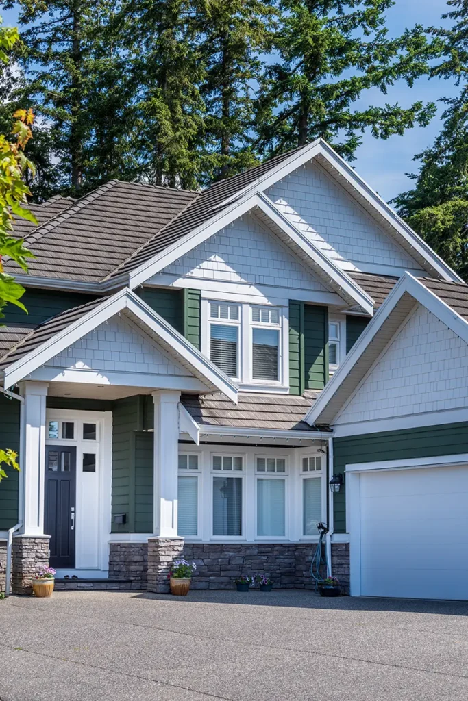 Repainted two-story home exterior seen from the driveway
