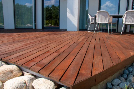 Finished hardwood deck with outdoor seating