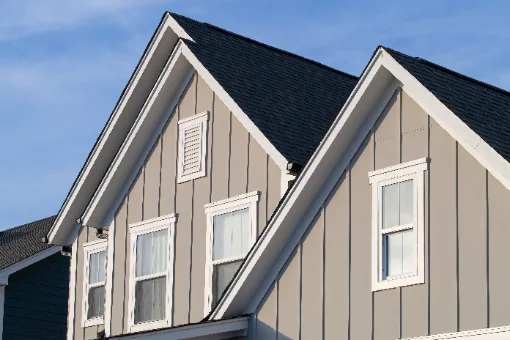 Board-and-batten siding detail on a gabled roofline
