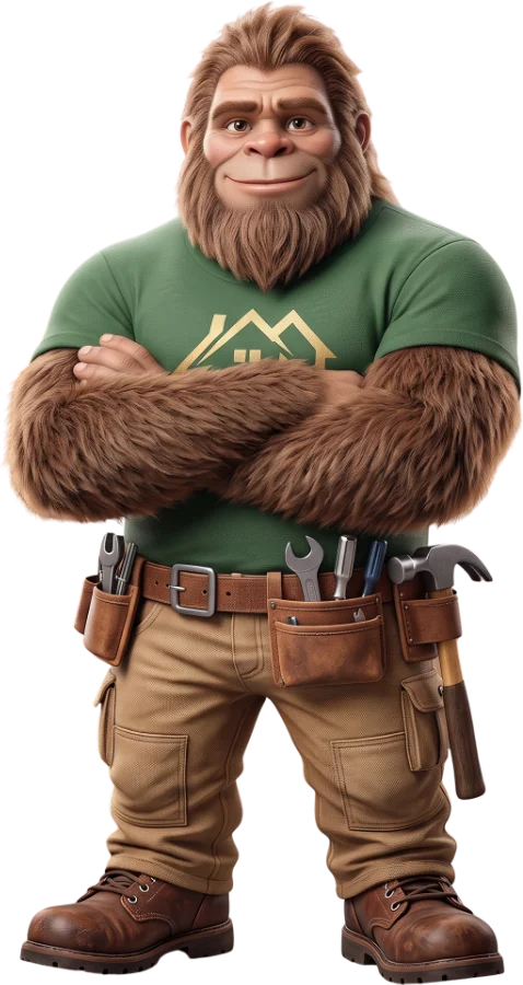 Bigfoot mascot standing with arms crossed