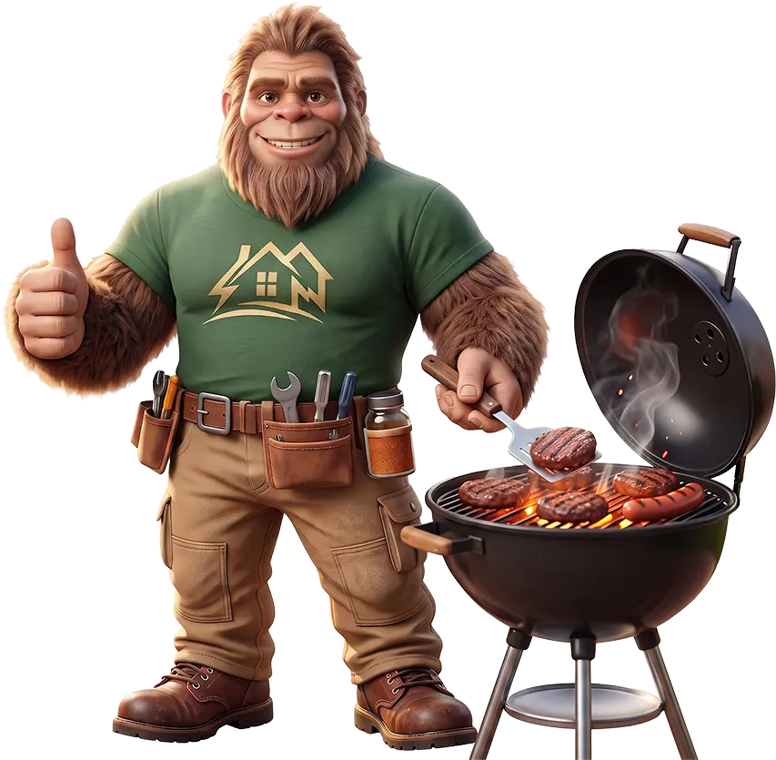 Bigfoot Home Pros mascot grilling on a backyard deck