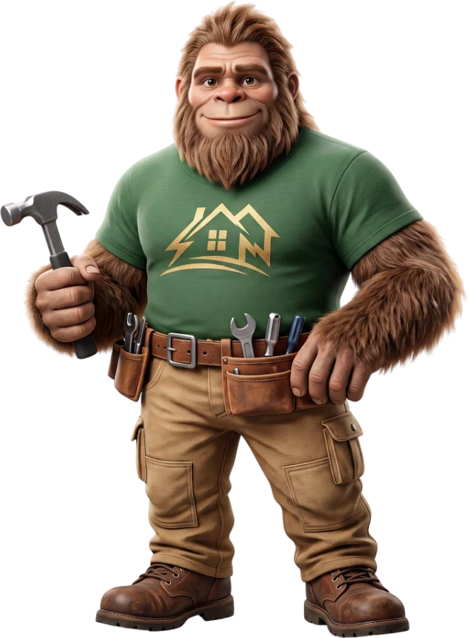 Bigfoot Home Pros mascot in work overalls