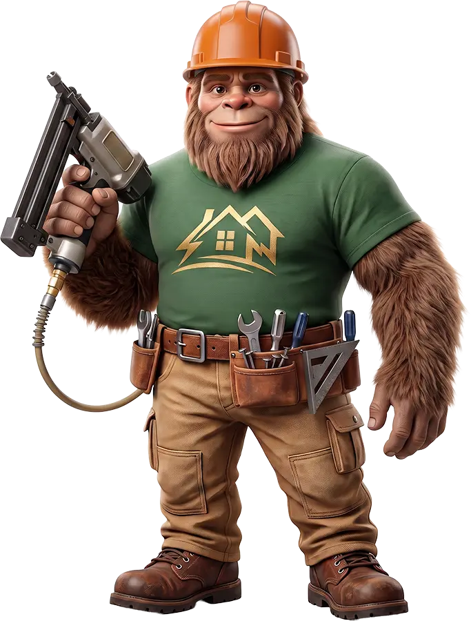 Bigfoot Home Pros mascot carrying roofing shingles