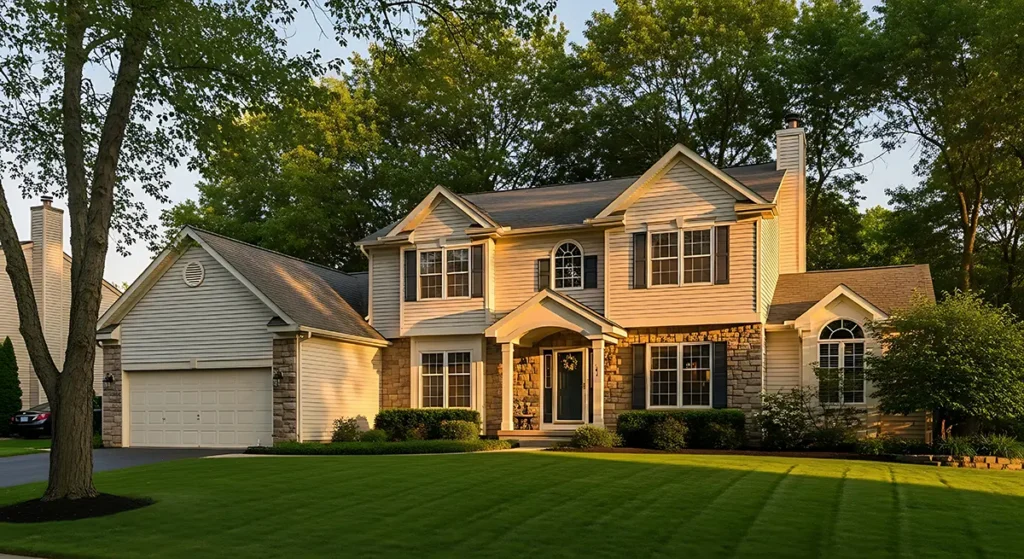Completed home exterior with new roof and siding