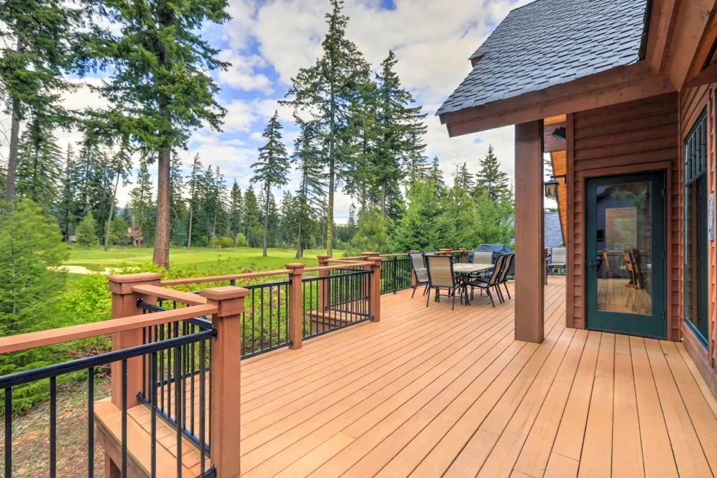 Cedar deck surrounded by fir trees in Vancouver WA